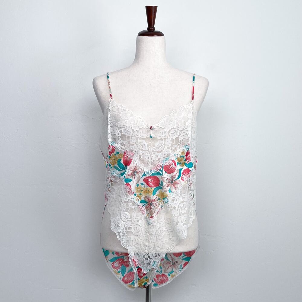 Vassarette Vintage Sheer Lace Floral Tulip Sexy Lingerie Teddy One-Piece SIZE LG